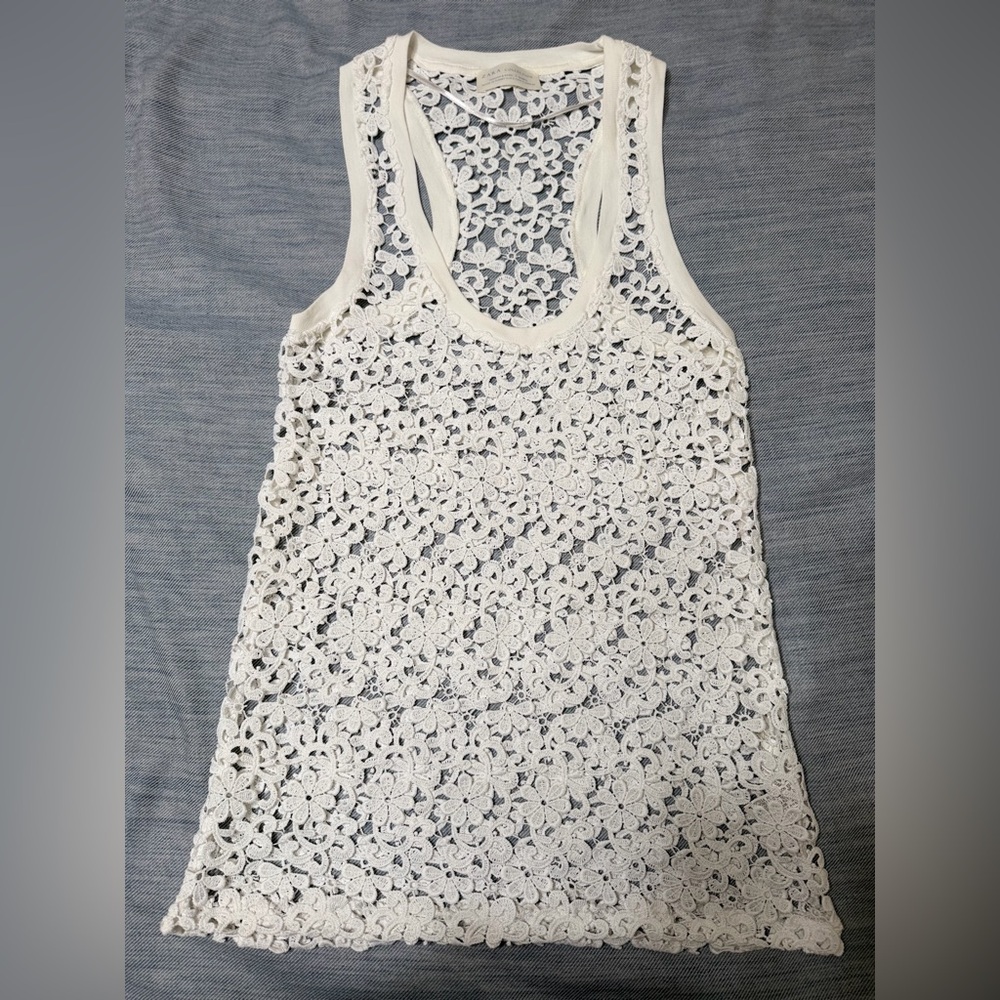 Zara White Floral Romantic Eyelet Tank Top Coastal Cottagecore Summer